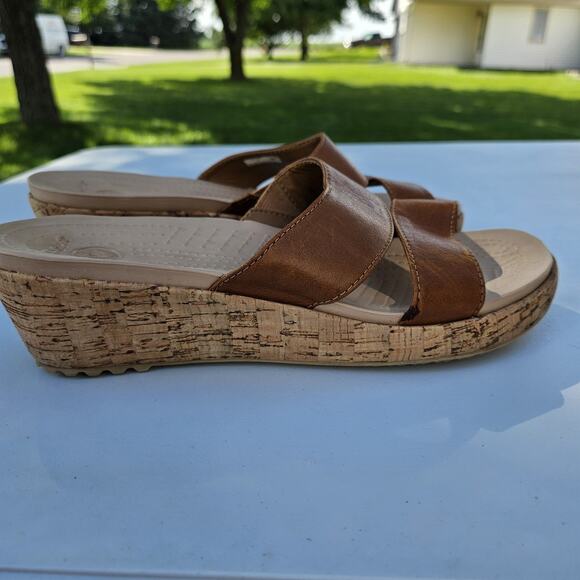 Crocs A-Leigh Brown Leather Cork Wedge Slide Platform Sandals Women’s 9 # 16205 - Picture 6 of 12